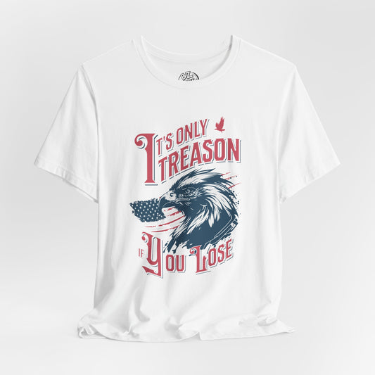 White t-shirt with graphic design featuring an eagle and text on a white background