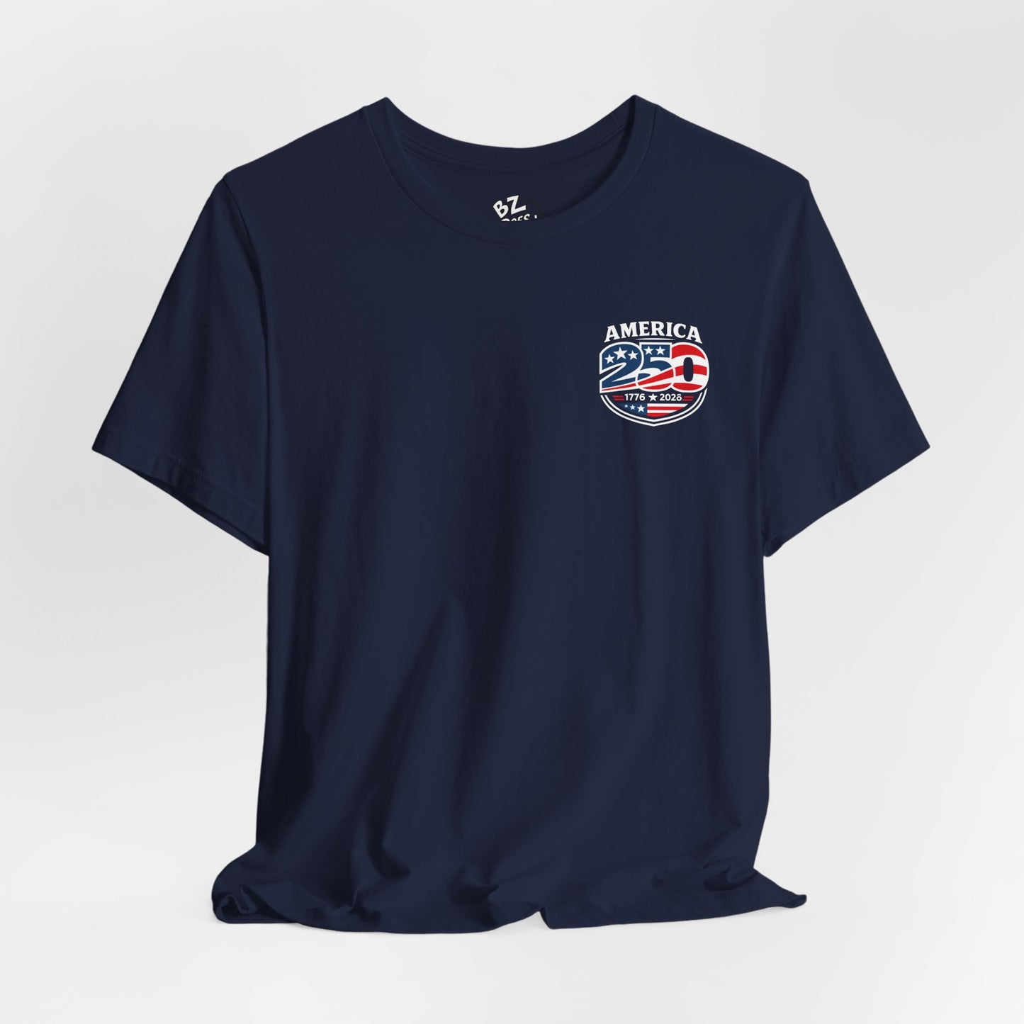 Navy blue t-shirt with 'America 250' graphic design on a white background