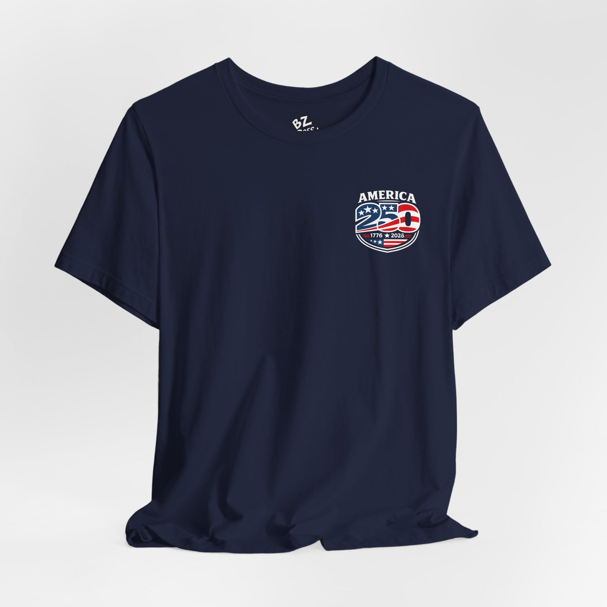 Navy blue t-shirt with 'America 250' graphic design on a white background