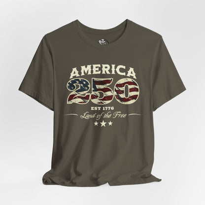 Army green t-shirt with 'America 250' design on a white background