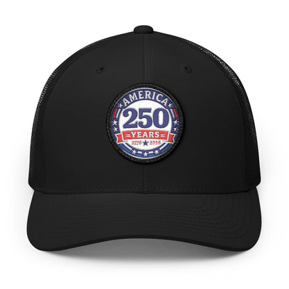 Black cap with a 'America 250 Years' patch on a white background