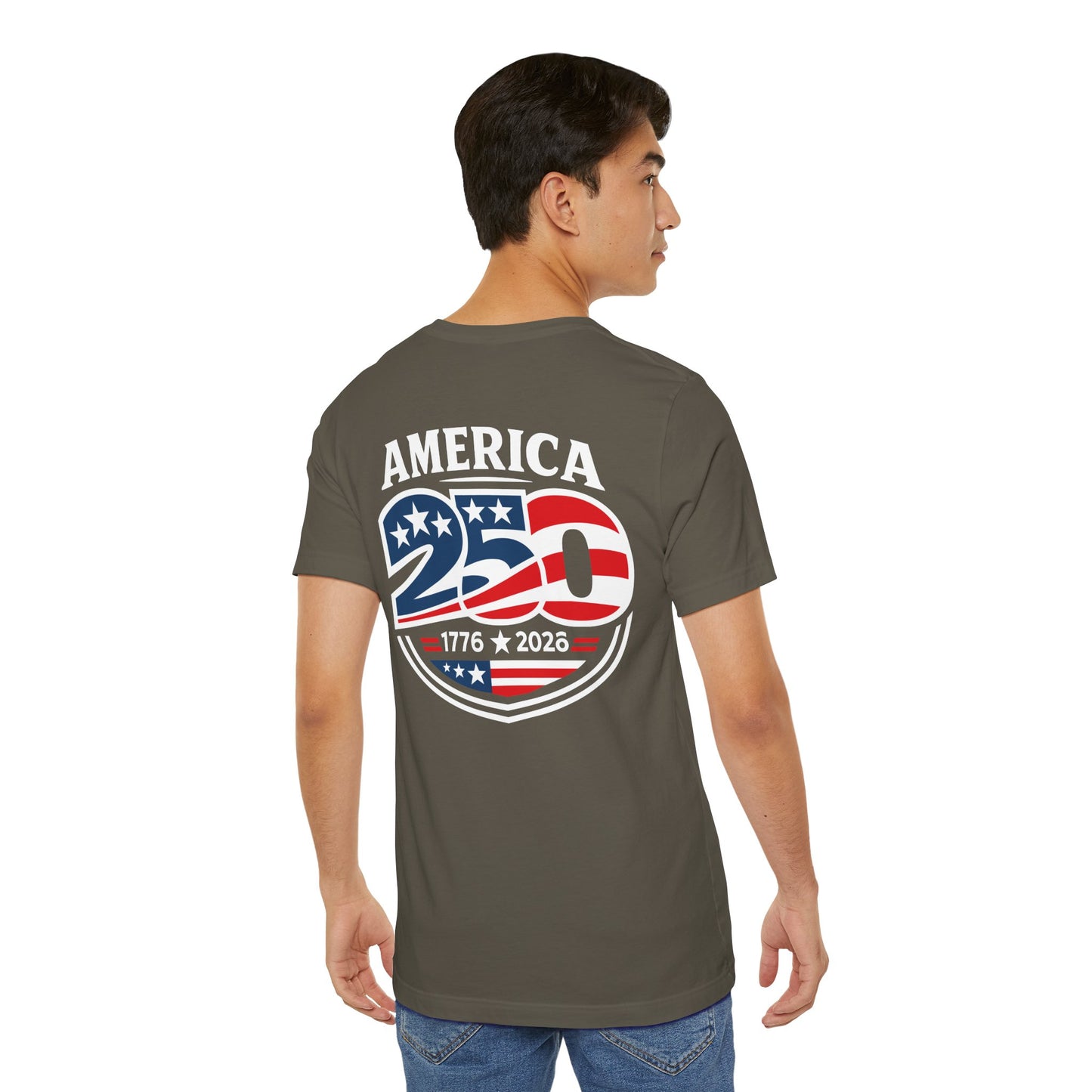 Person wearing an Army green t-shirt with 'America 250' design on the back.