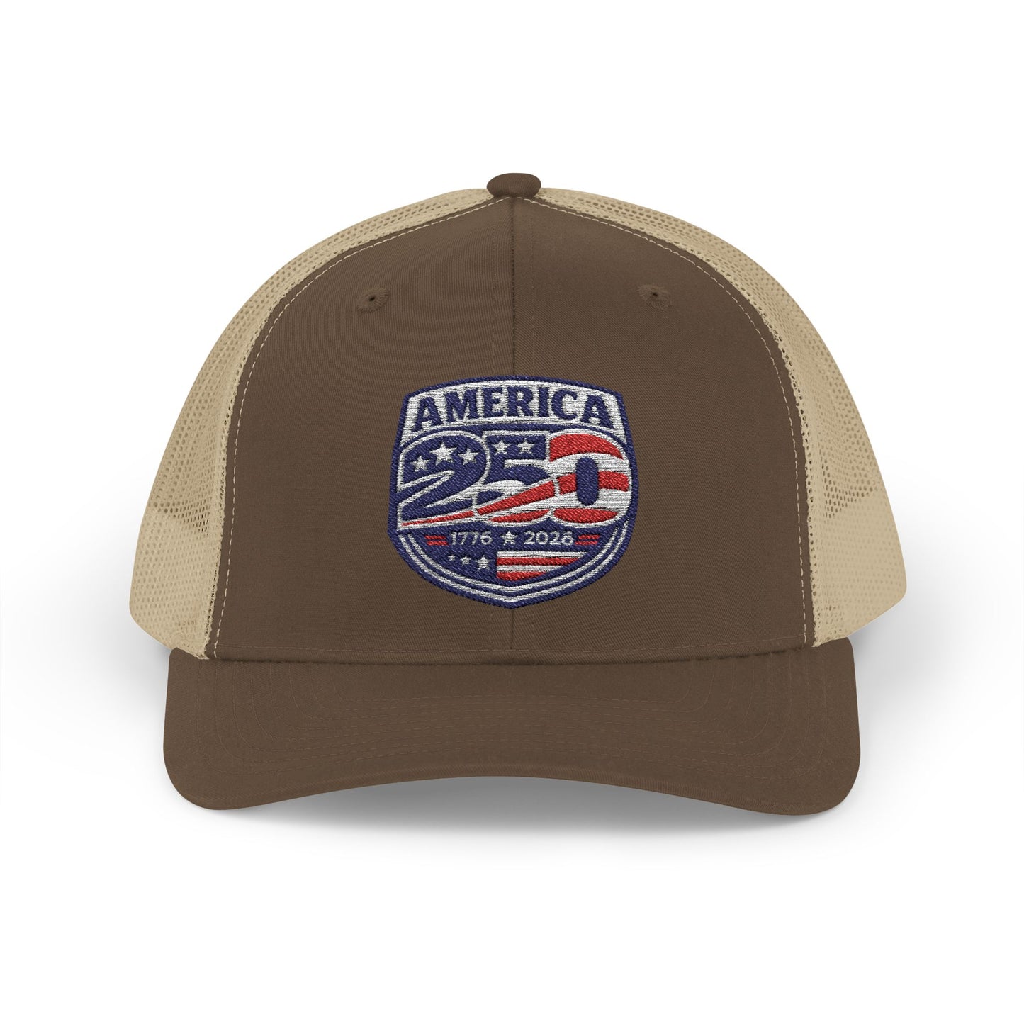 Brown and beige trucker hat with 'America 250' logo on a white background