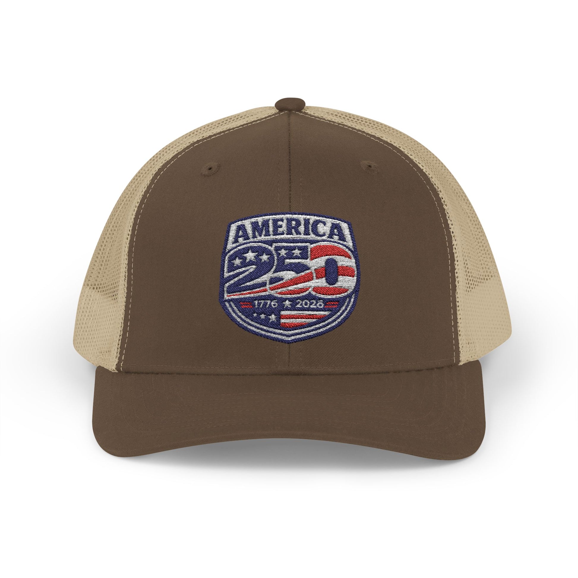 Brown and beige trucker hat with 'America 250' logo on a white background