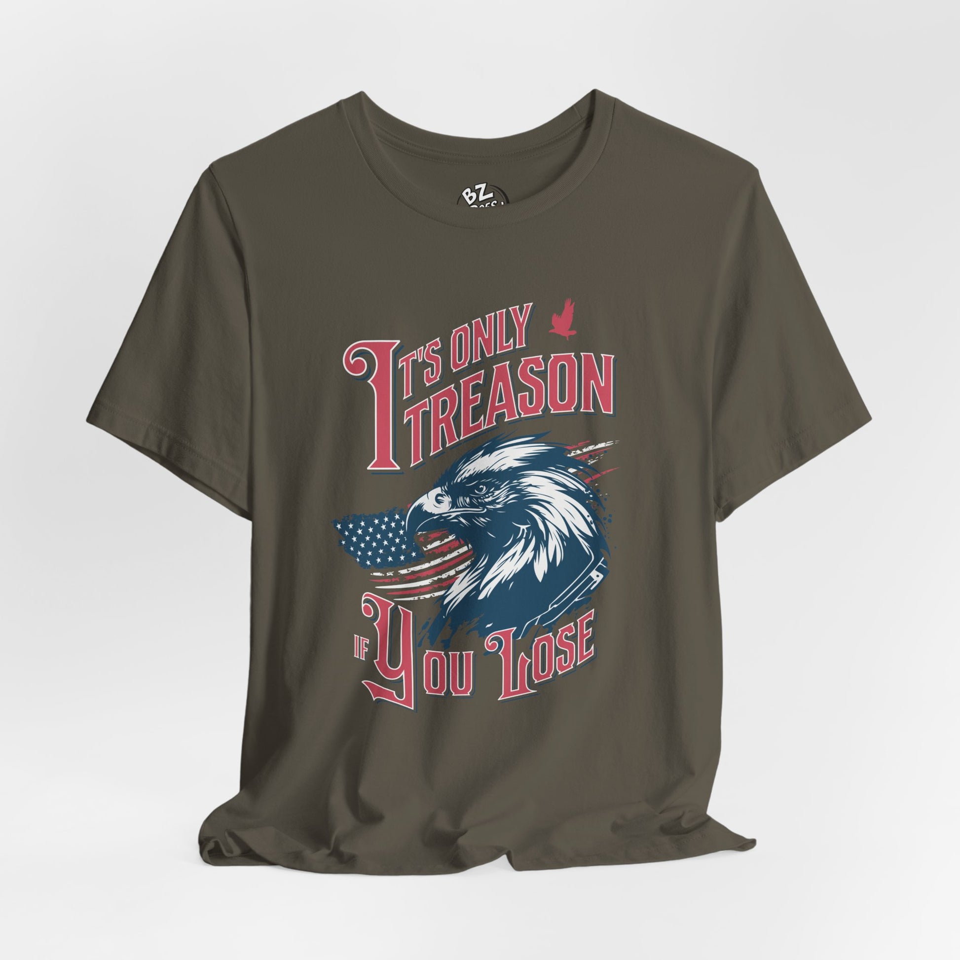 Army green t-shirt with eagle graphic design and text on a white background