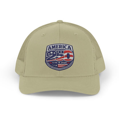 Khaki cap with 'America 250' patch on a white background