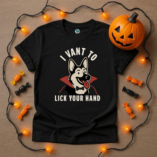 Cute German Shepard Vampire Shirt, I Vant To Lick Your Hand, Perfect Halloween Shirt for any Dog Lover