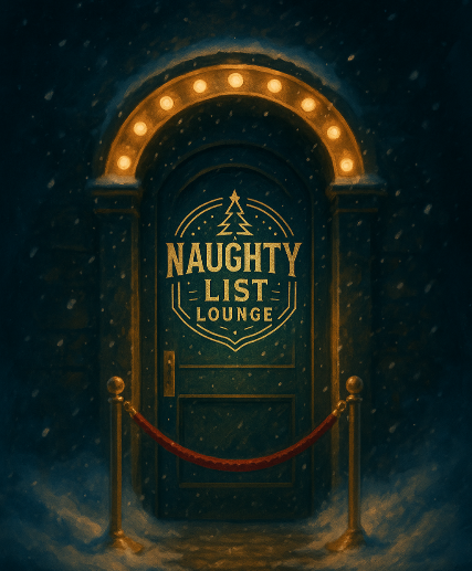 Door with 'Naughty List Lounge' sign in a snowy outdoor setting
